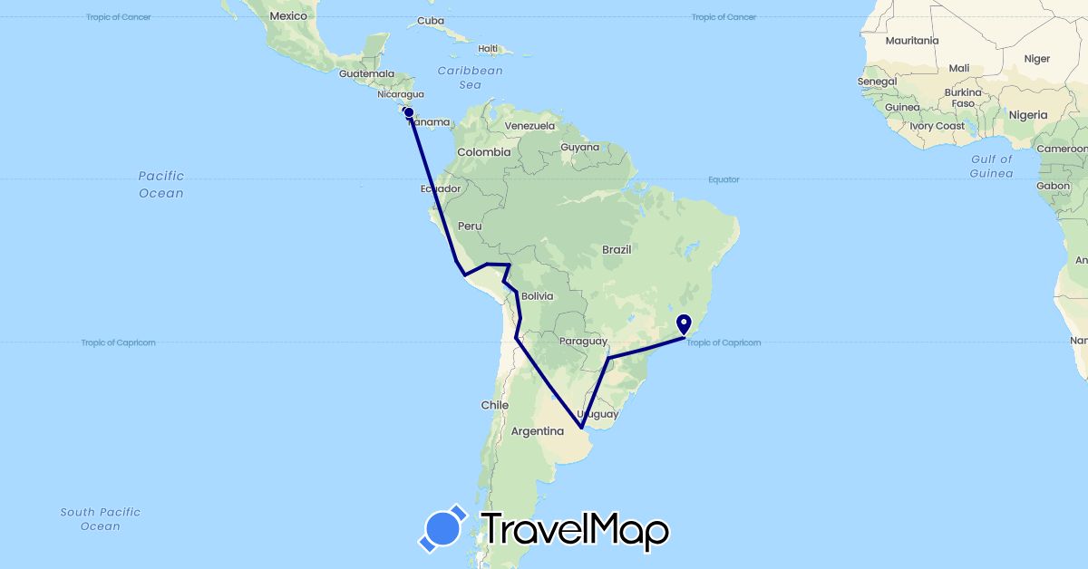 TravelMap itinerary: driving in Argentina, Bolivia, Brazil, Chile, Costa Rica, Peru (North America, South America)