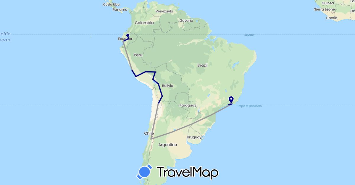 TravelMap itinerary: driving, plane in Bolivia, Brazil, Chile, Ecuador, Peru (South America)